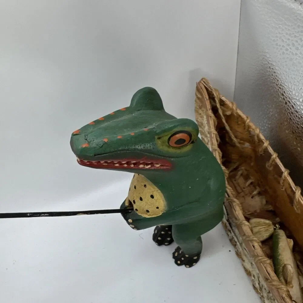 Indonesian Hand Carved Folk Art Alligator VTG Primitive Style Wood W Canoe, Fish